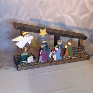 Handcrafted Wooden Nativity Scene with Angel and Star